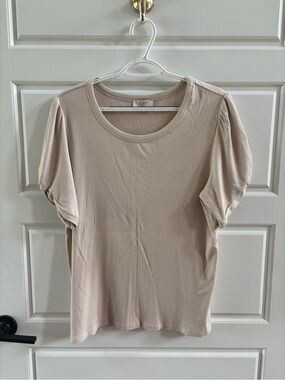 LOFT Ribbed Puff Sleeve Beige XL Soft Stretch Short Sleeve Top